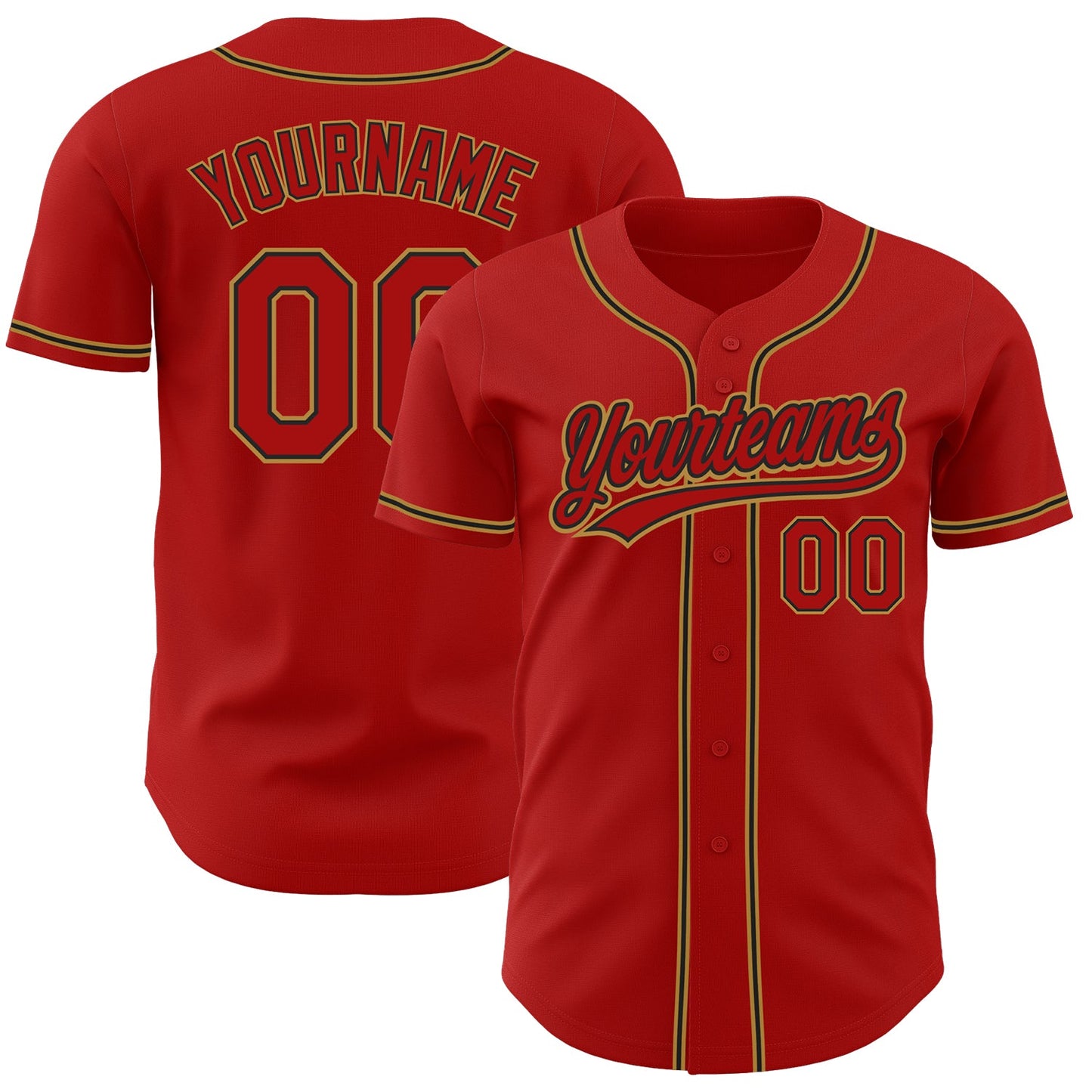 Custom Red Red Black-Old Gold Authentic Baseball Jersey - Main View