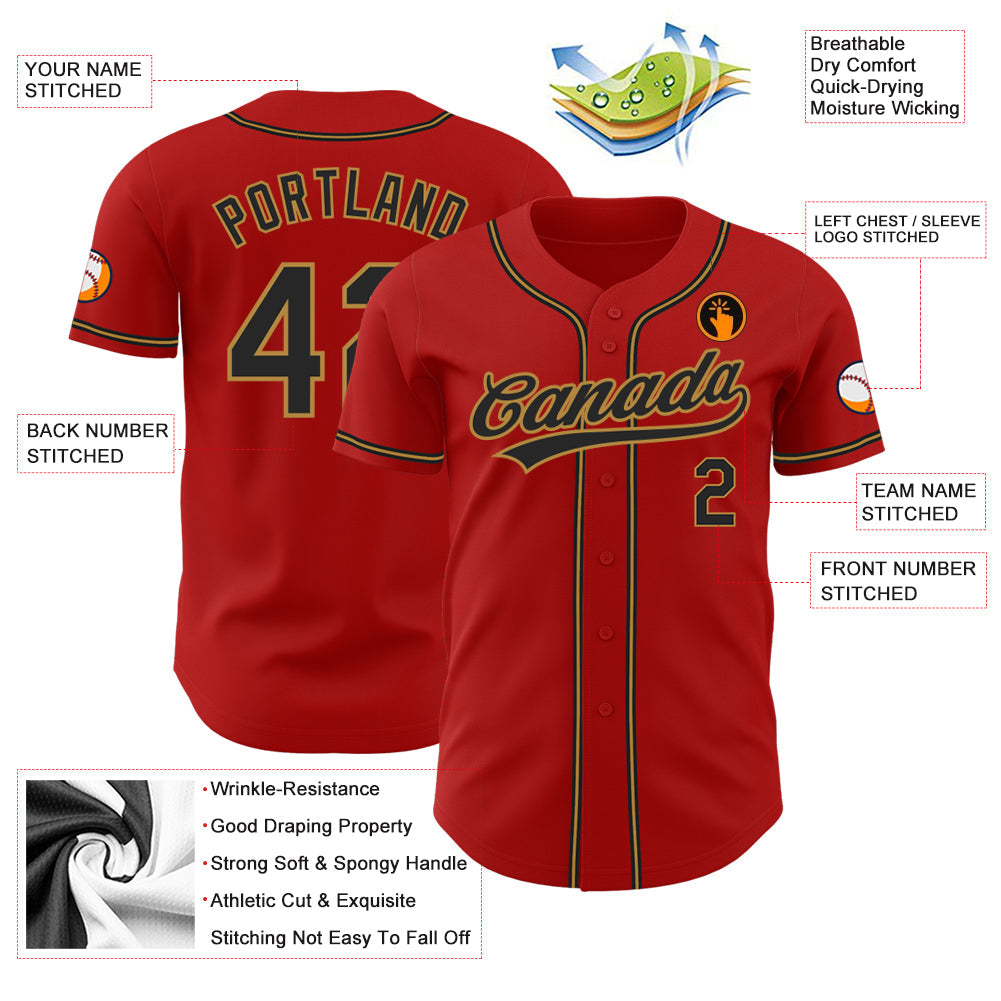 Custom Red Black-Old Gold Authentic Baseball Jersey view 3