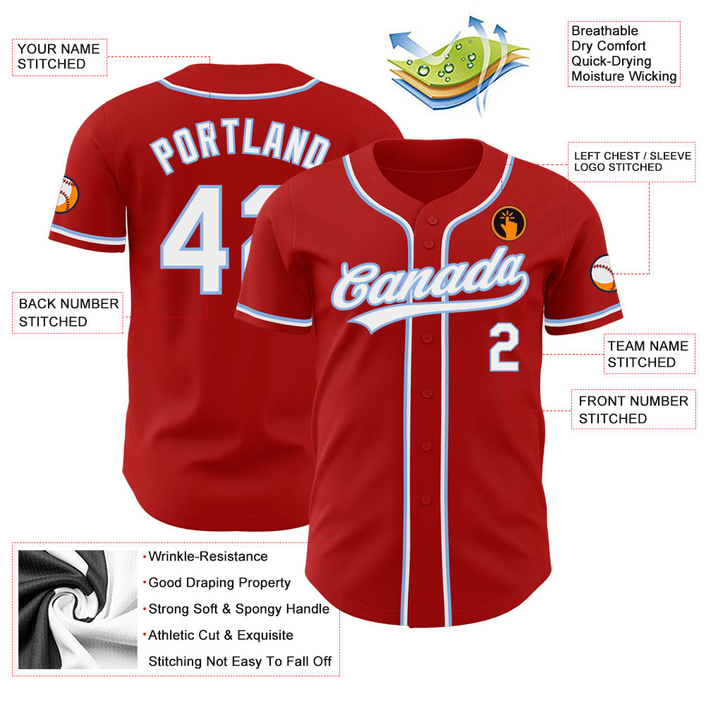 Custom Red White-Light Blue Authentic Baseball Jersey view 3