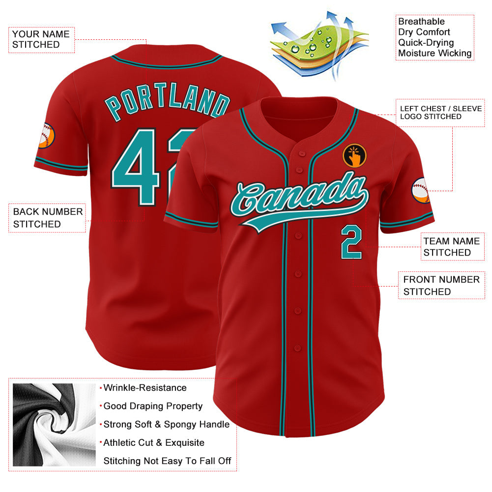 Custom Red Teal-Black Authentic Baseball Jersey view 3