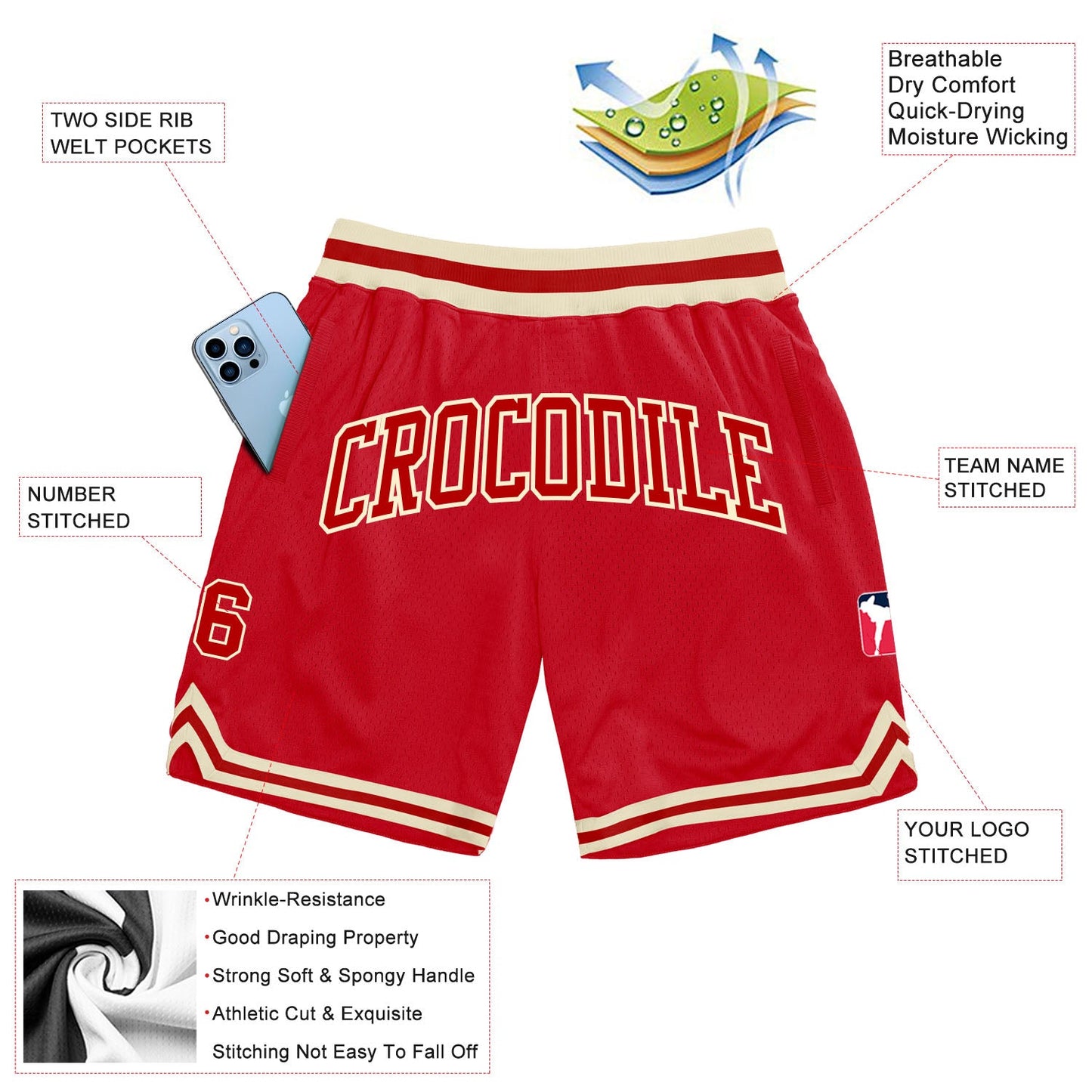 Custom Red Red-Cream Authentic Throwback Basketball Shorts view 2