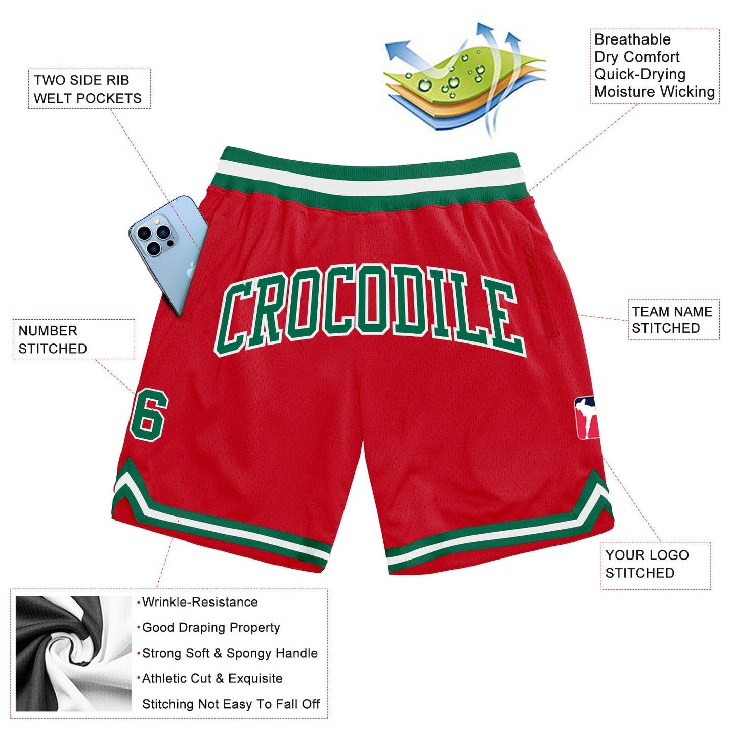 Custom Red Kelly Green-White Authentic Throwback Basketball Shorts view 2