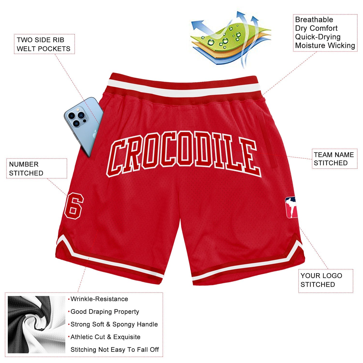 Custom Red Red-White Authentic Throwback Basketball Shorts view 2