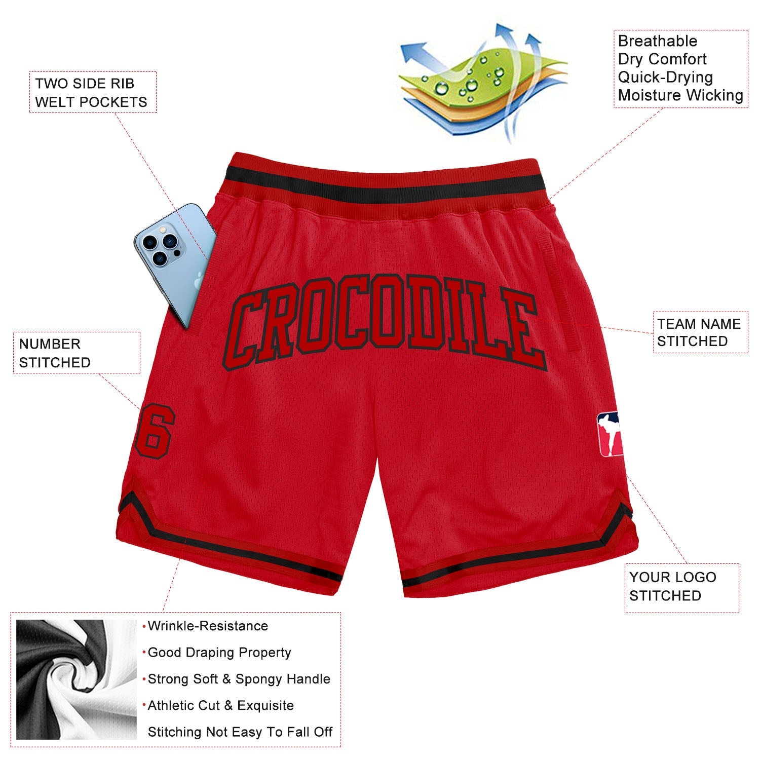 Custom Red Red-Black Authentic Throwback Basketball Shorts view 2