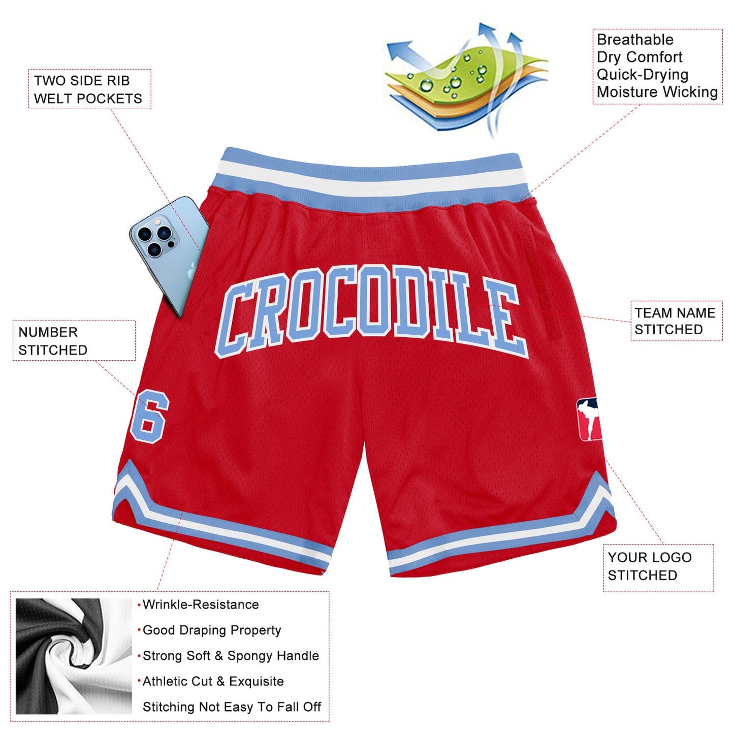 Custom Red Light Blue-White Authentic Throwback Basketball Shorts view 2