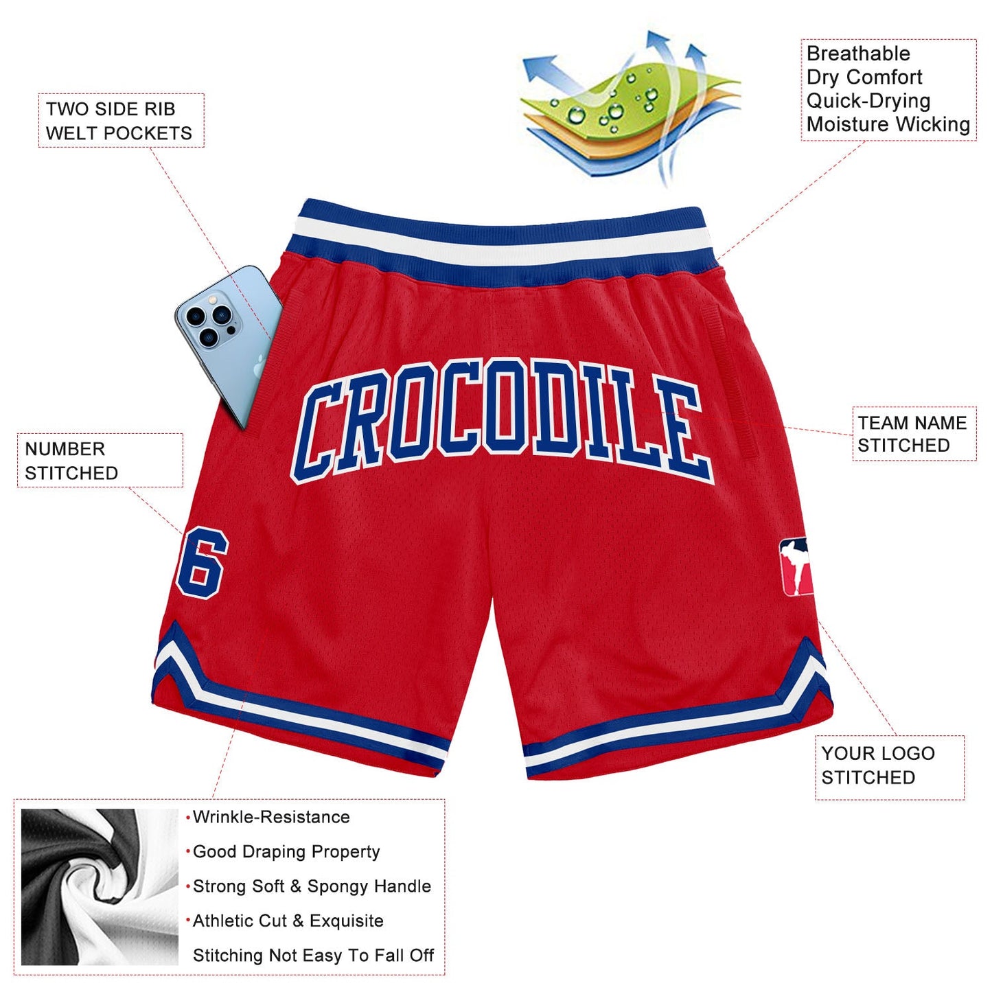 Custom Red Royal-White Authentic Throwback Basketball Shorts view 2