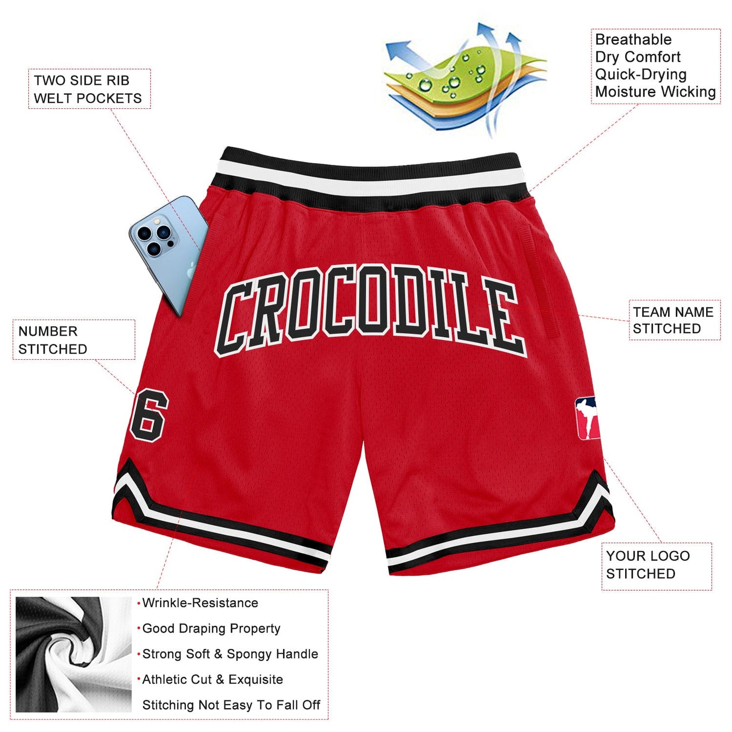 Custom Red Black-White Authentic Throwback Basketball Shorts view 2