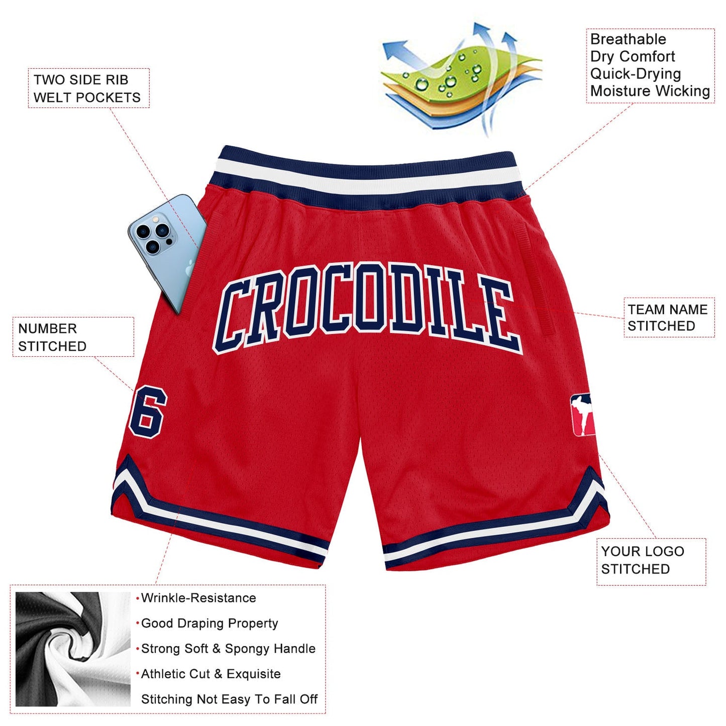 Custom Red Navy-White Authentic Throwback Basketball Shorts view 2