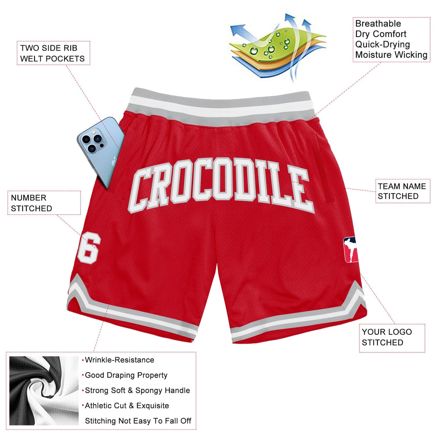 Custom Red White-Gray Authentic Throwback Basketball Shorts view 2