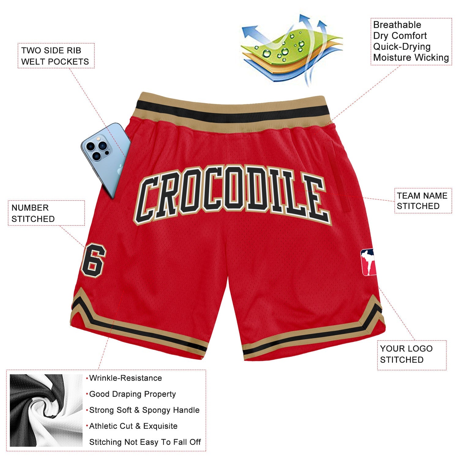 Custom Red Black-Old Gold Authentic Throwback Basketball Shorts view 2