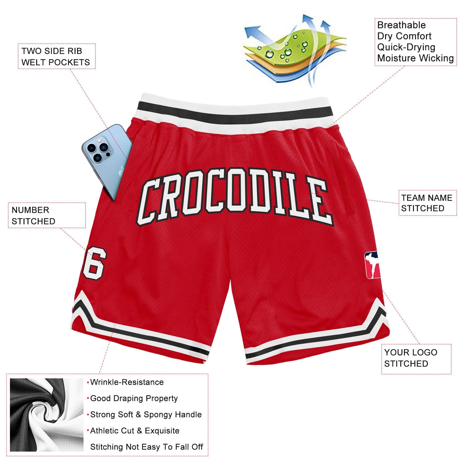 Custom Red White-Black Authentic Throwback Basketball Shorts view 2