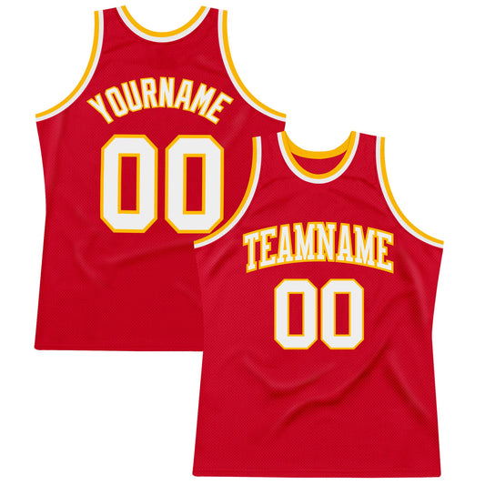 Custom Red White-Gold Authentic Throwback Basketball Jersey - Main View