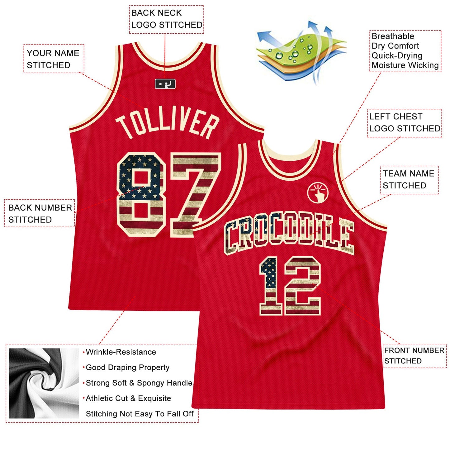 Custom Red Vintage USA Flag-Cream Authentic Throwback Basketball Jersey view 2