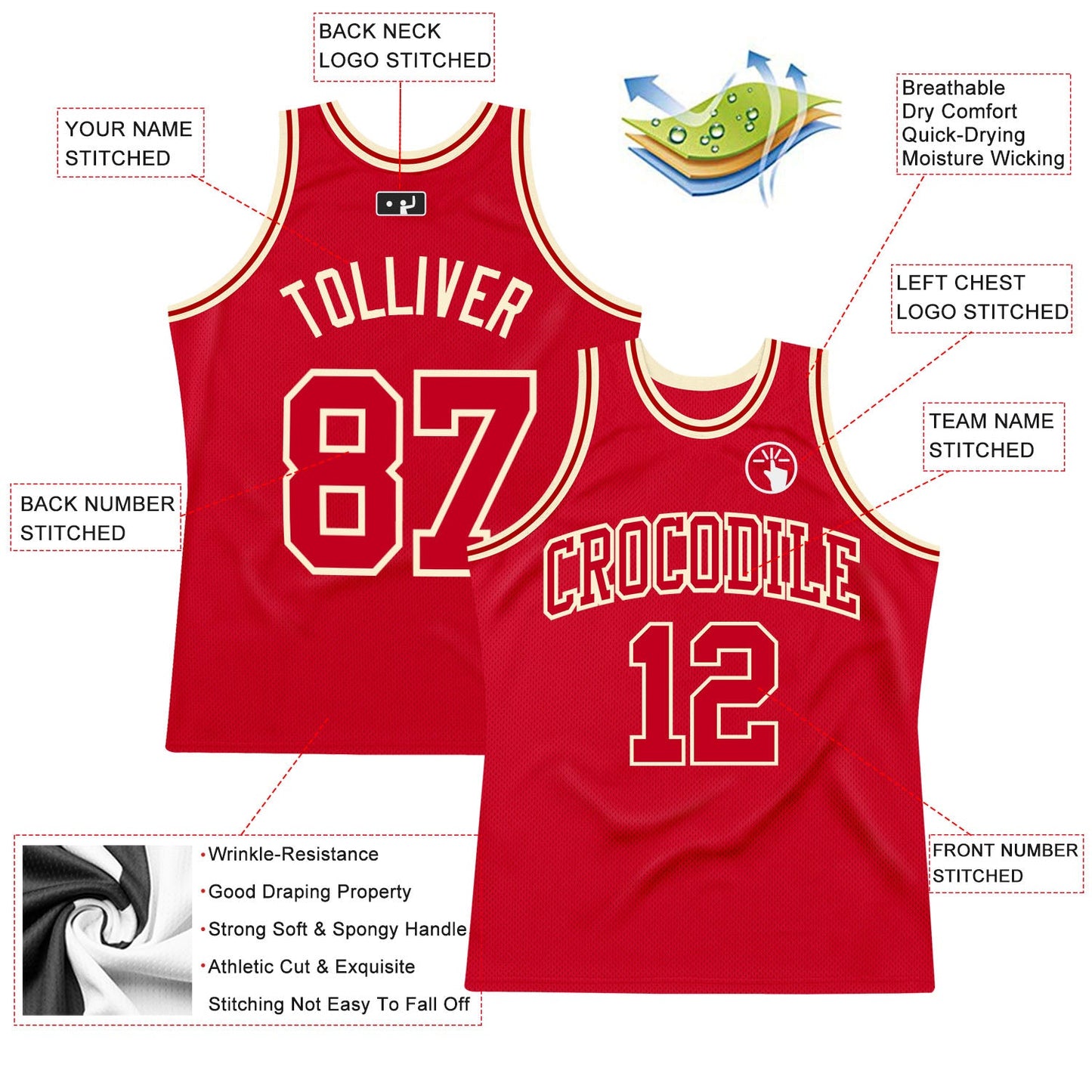 Custom Red Red-Cream Authentic Throwback Basketball Jersey view 2