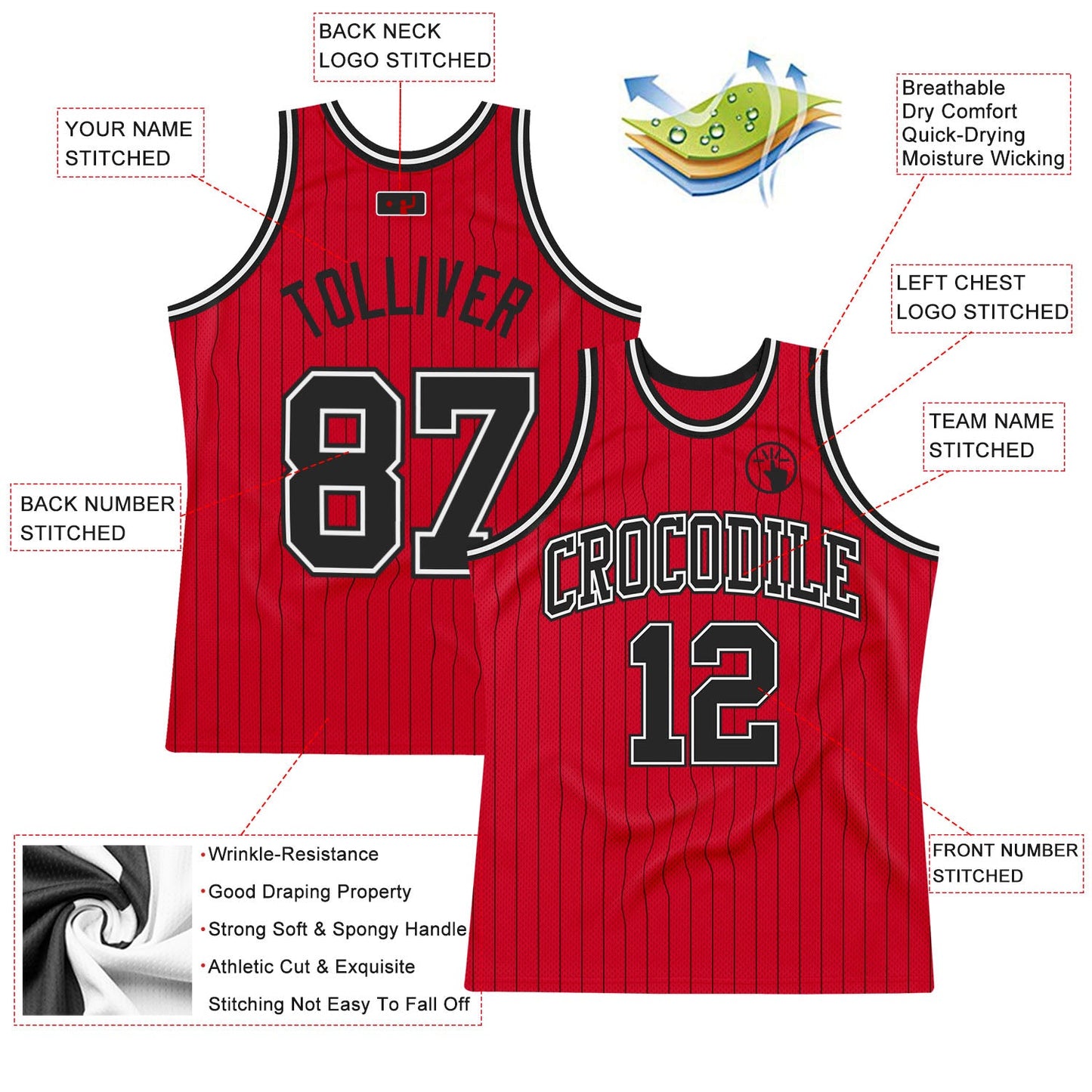 Custom Red Black Pinstripe Black-White Authentic Basketball Jersey view 2