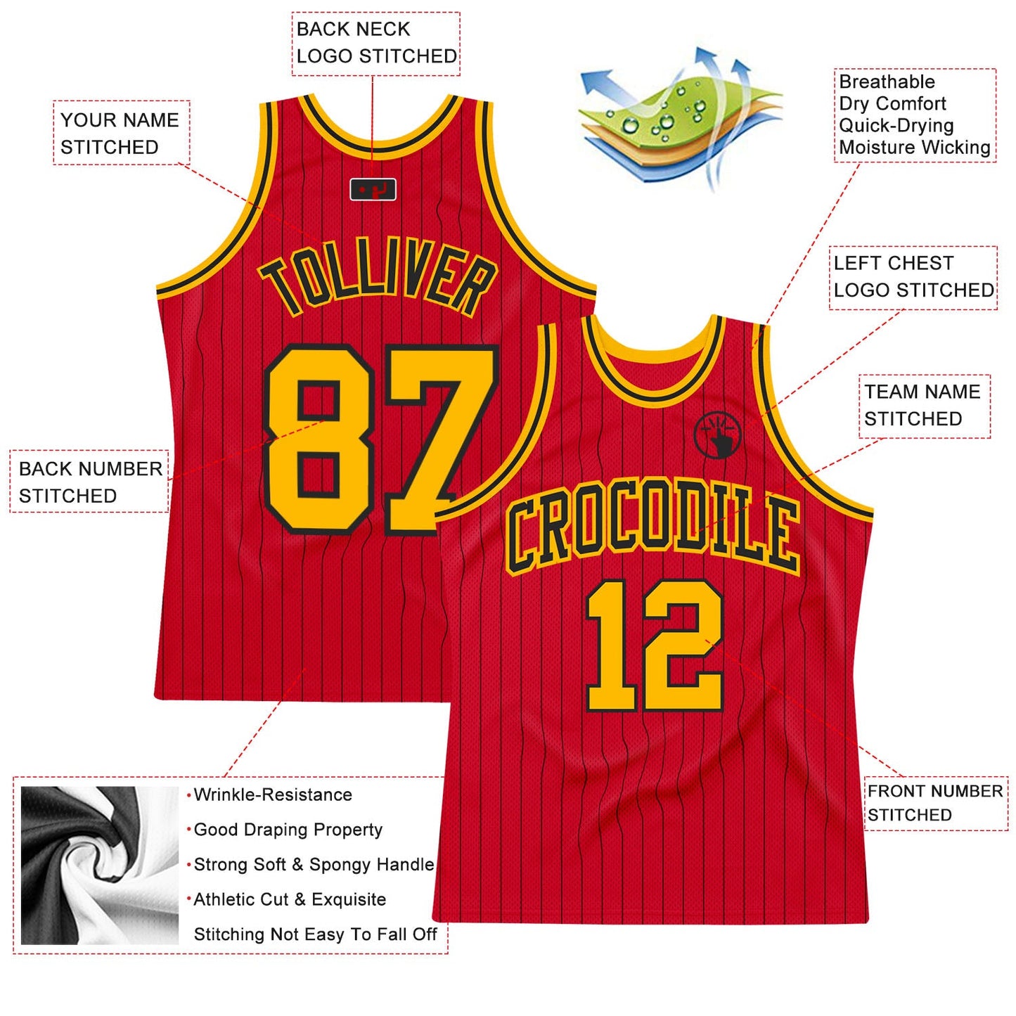 Custom Red Black Pinstripe Gold-Black Authentic Basketball Jersey view 2