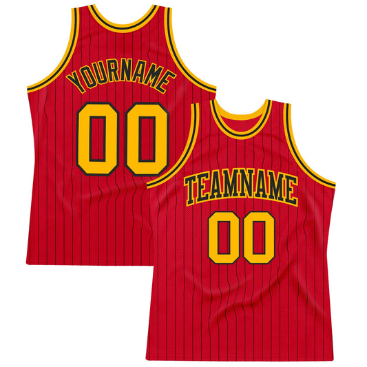 Custom Red Black Pinstripe Gold-Black Authentic Basketball Jersey - Main View