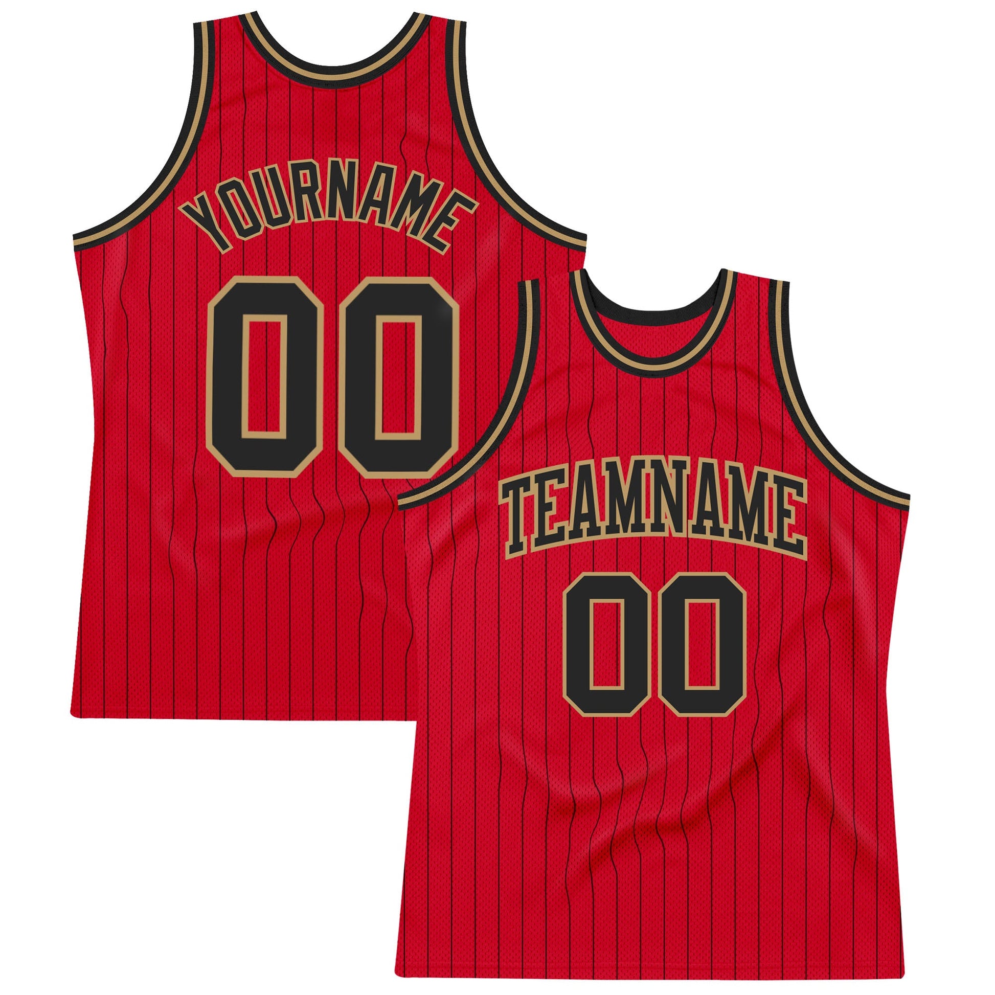 Custom Red Black Pinstripe Black-Old Gold Authentic Basketball Jersey - Main View