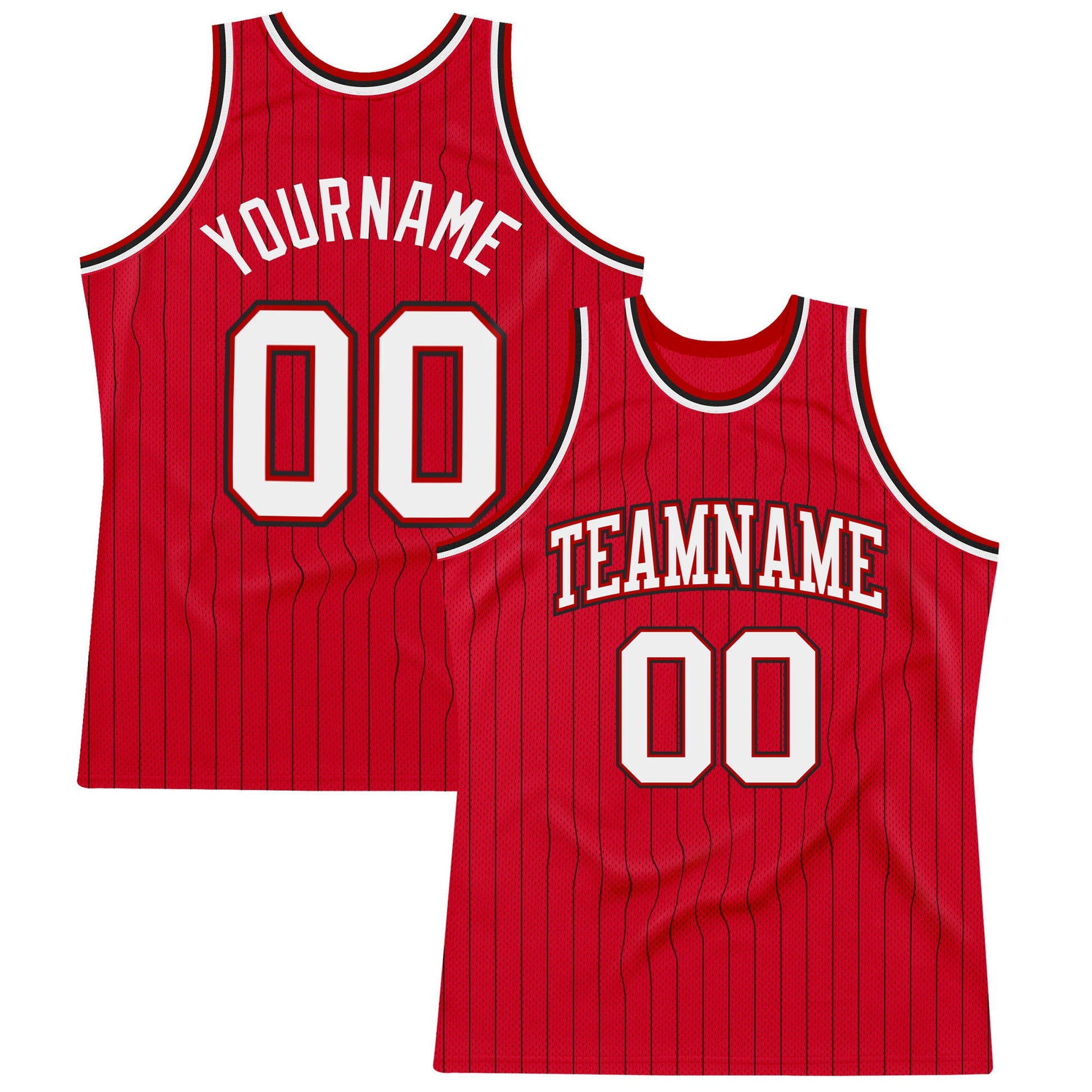 Custom Red Black Pinstripe White-Black Authentic Basketball Jersey - Main View
