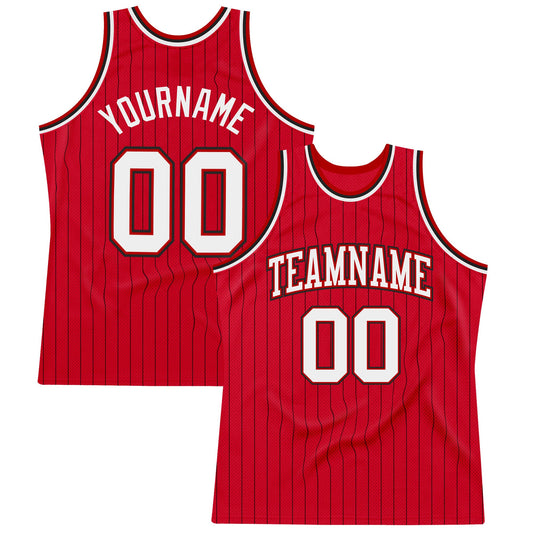 Custom Red Black Pinstripe White-Black Authentic Basketball Jersey - Main View