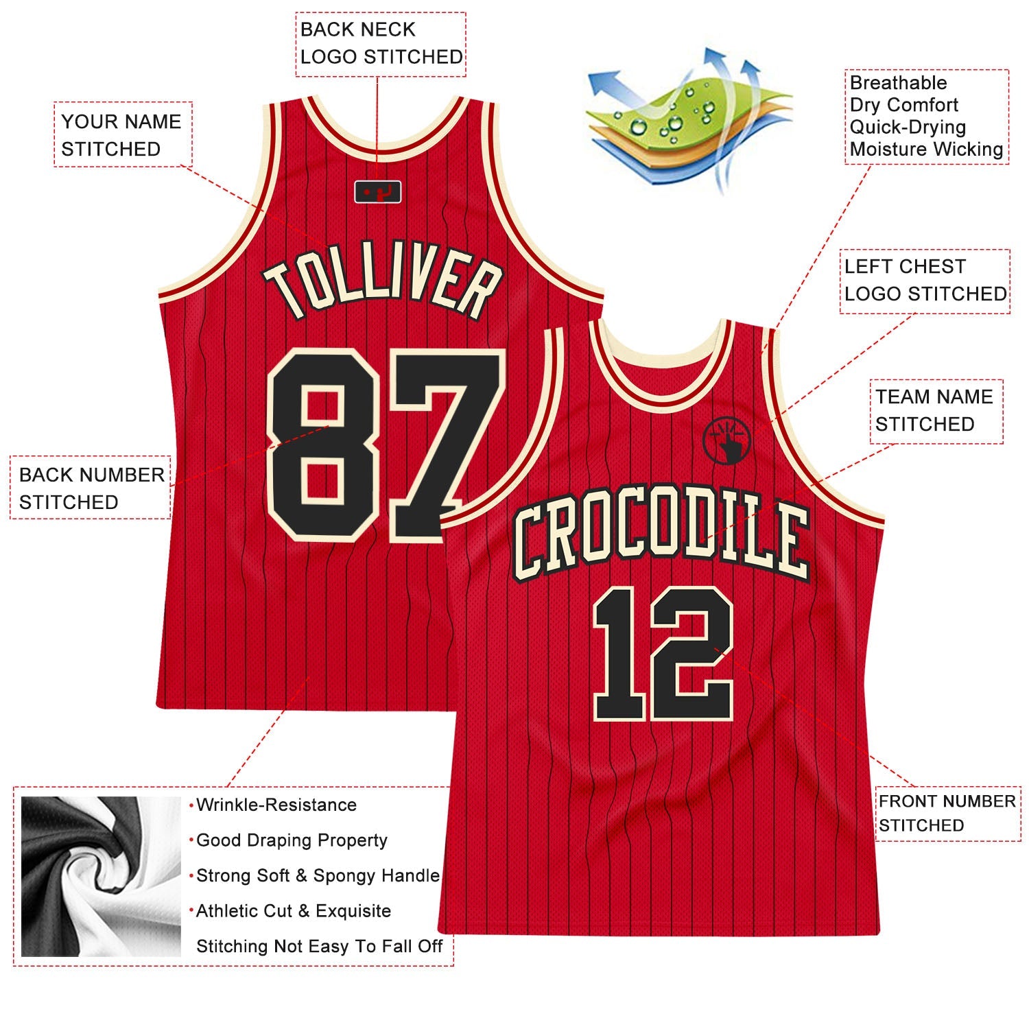 Custom Red Black Pinstripe Black-Cream Authentic Basketball Jersey view 2