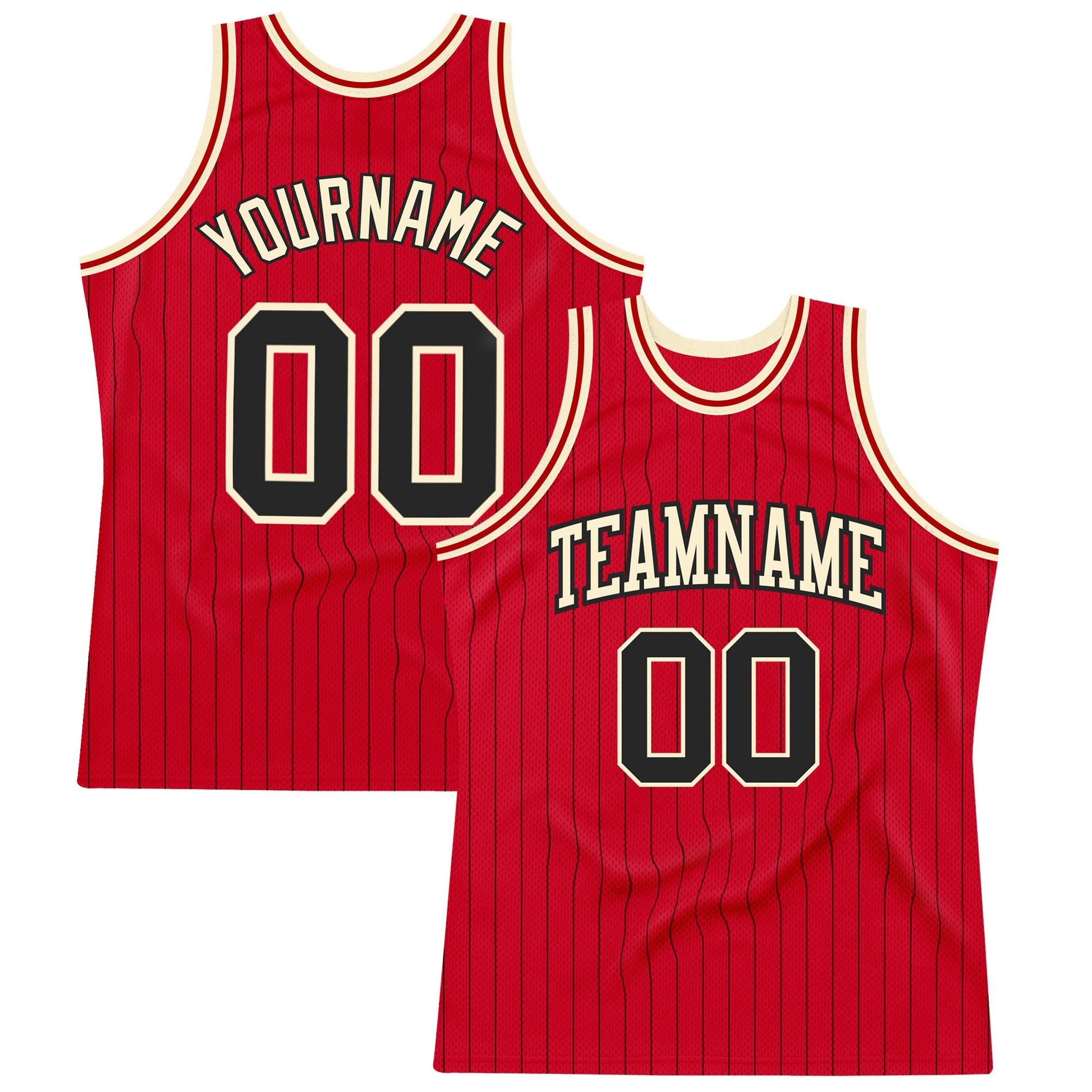 Custom Red Black Pinstripe Black-Cream Authentic Basketball Jersey - Main View