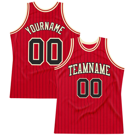 Custom Red Black Pinstripe Black-Cream Authentic Basketball Jersey - Main View