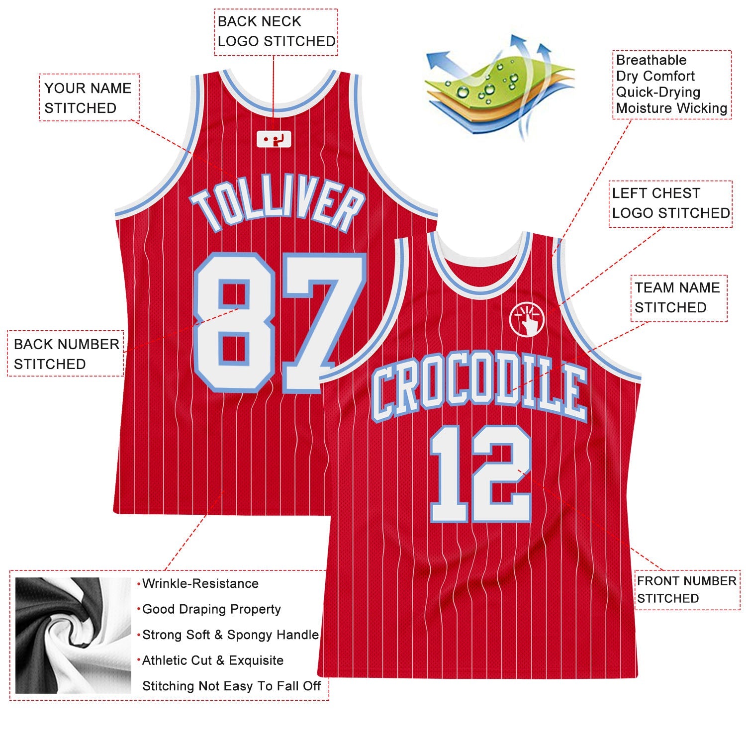 Custom Red White Pinstripe White-Light Blue Authentic Basketball Jersey view 2