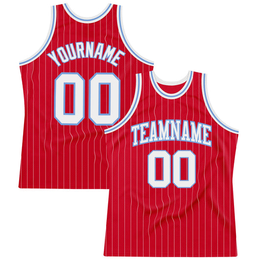 Custom Red White Pinstripe White-Light Blue Authentic Basketball Jersey - Main View