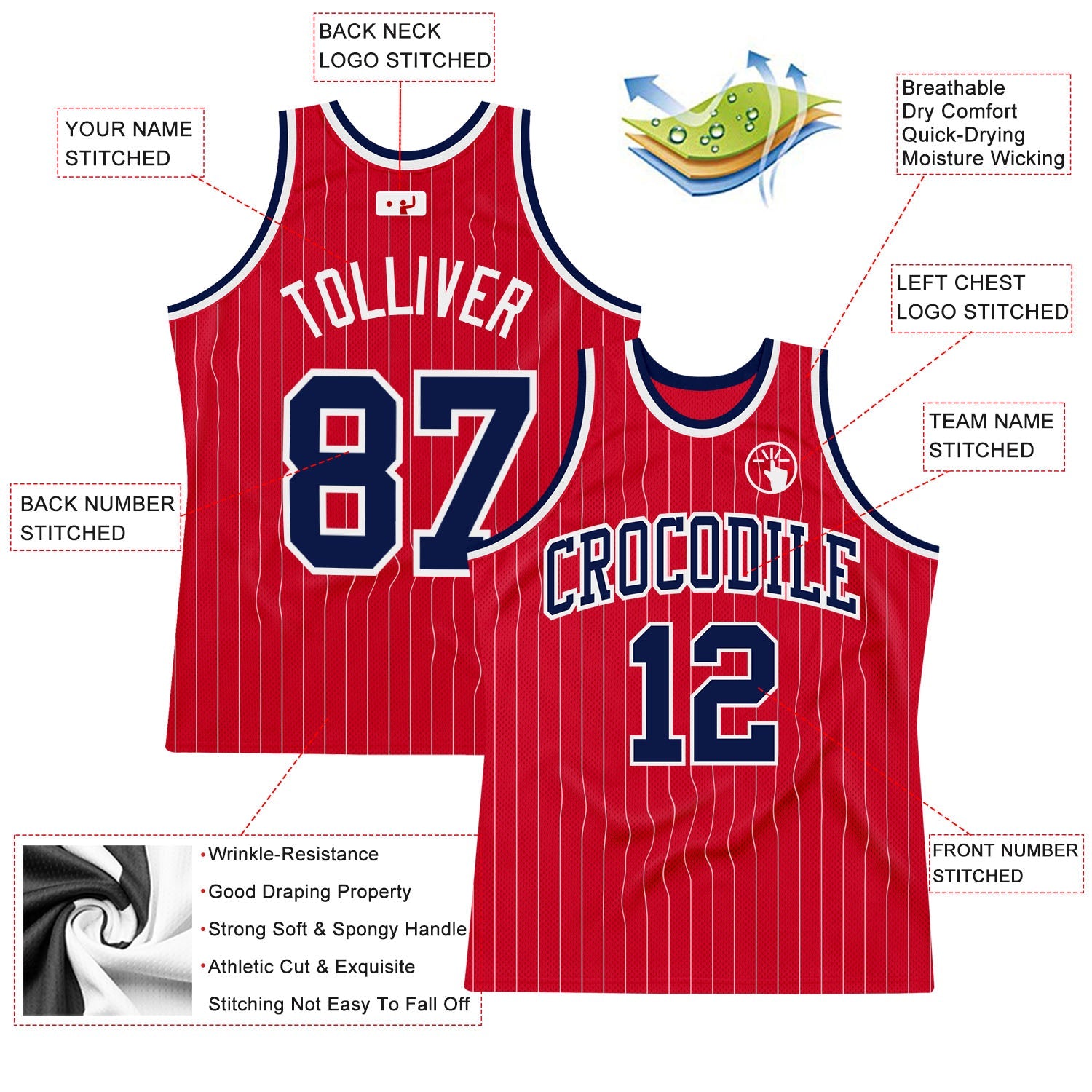 Custom Red White Pinstripe Navy-White Authentic Basketball Jersey view 2