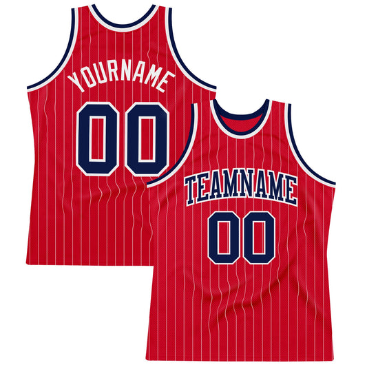 Custom Red White Pinstripe Navy-White Authentic Basketball Jersey - Main View