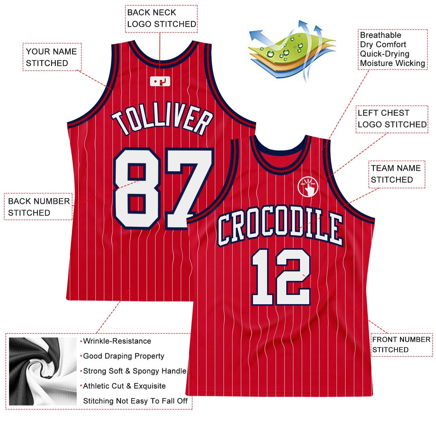 Custom Red White Pinstripe White-Navy Authentic Basketball Jersey view 2
