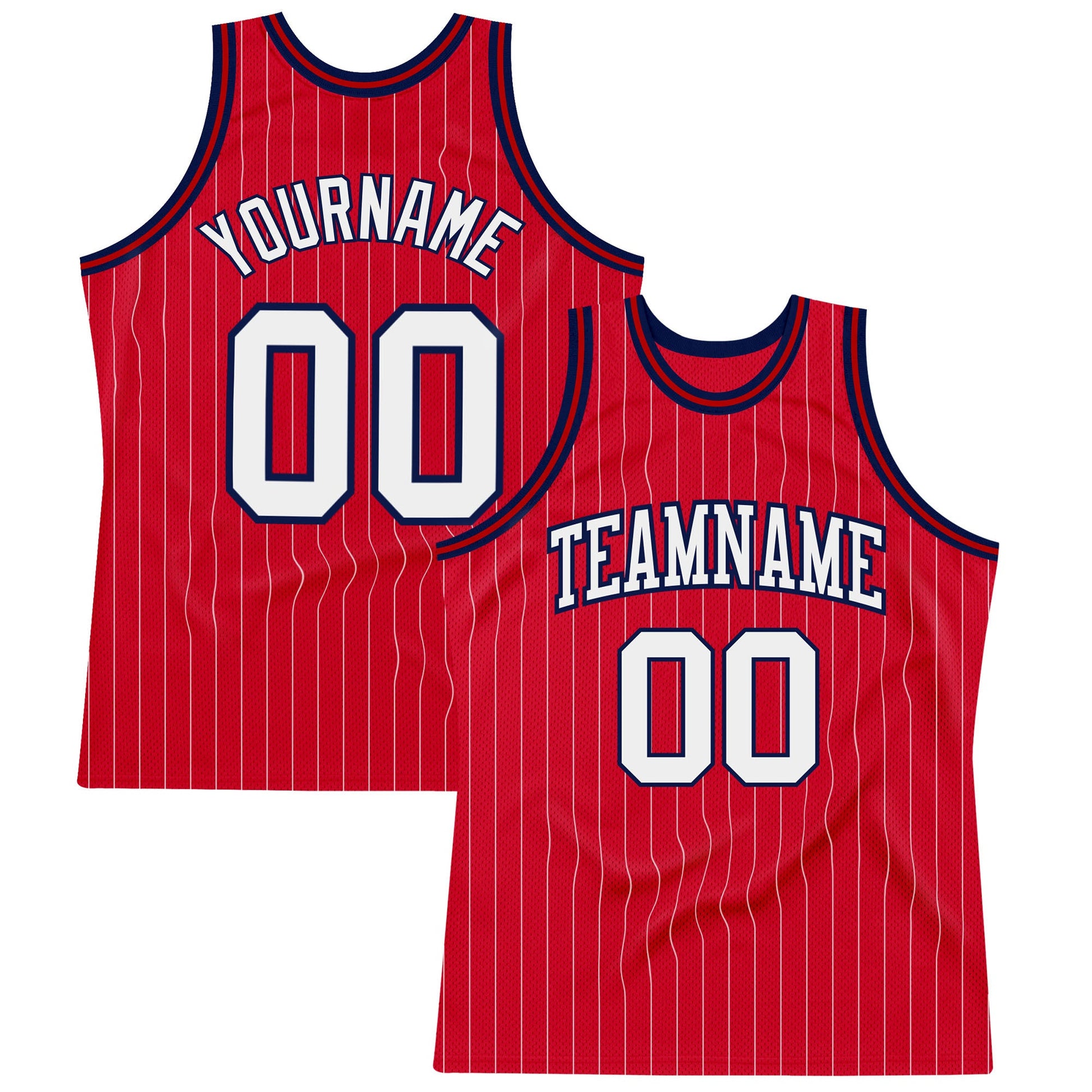 Custom Red White Pinstripe White-Navy Authentic Basketball Jersey - Main View
