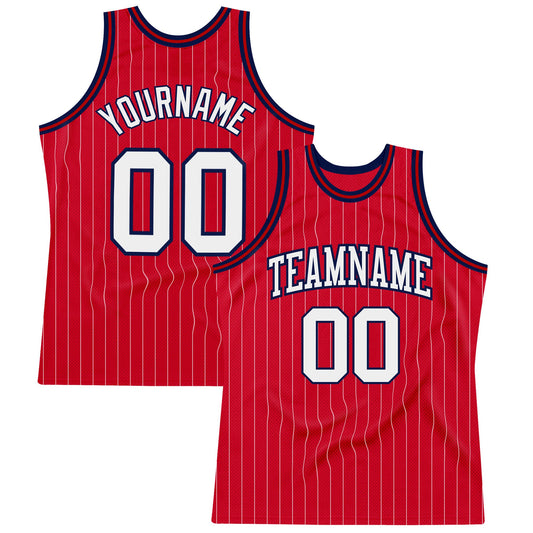 Custom Red White Pinstripe White-Navy Authentic Basketball Jersey - Main View