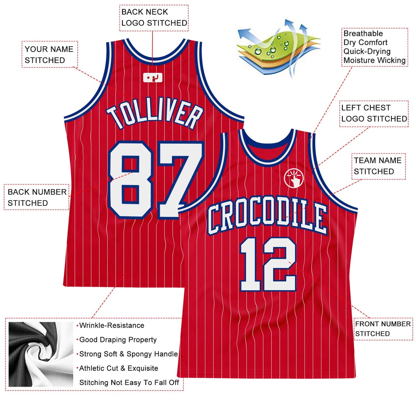 Custom Red White Pinstripe White-Royal Authentic Basketball Jersey view 2