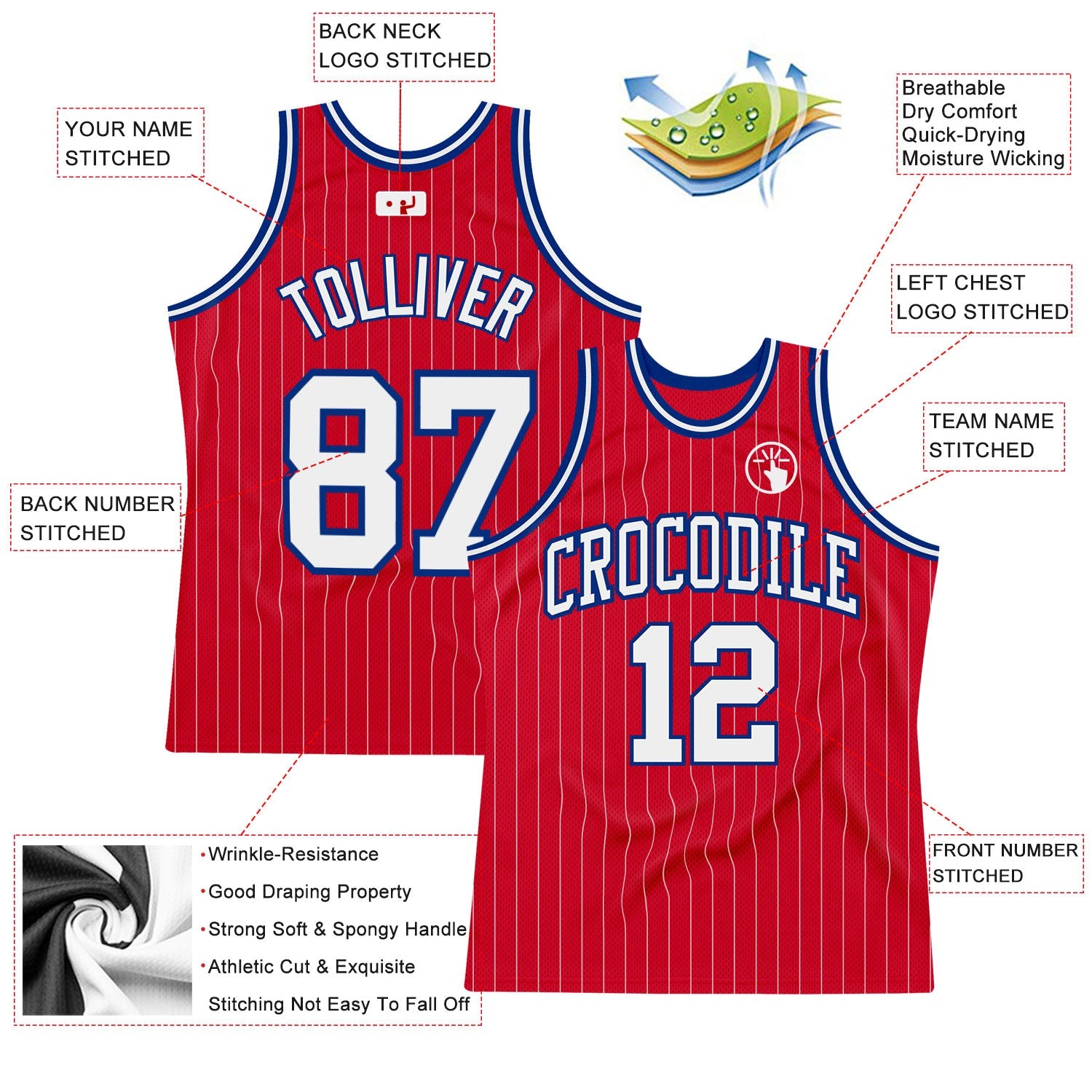 Custom Red White Pinstripe White-Royal Authentic Basketball Jersey view 2