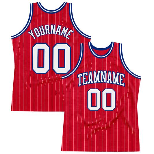 Custom Red White Pinstripe White-Royal Authentic Basketball Jersey - Main View