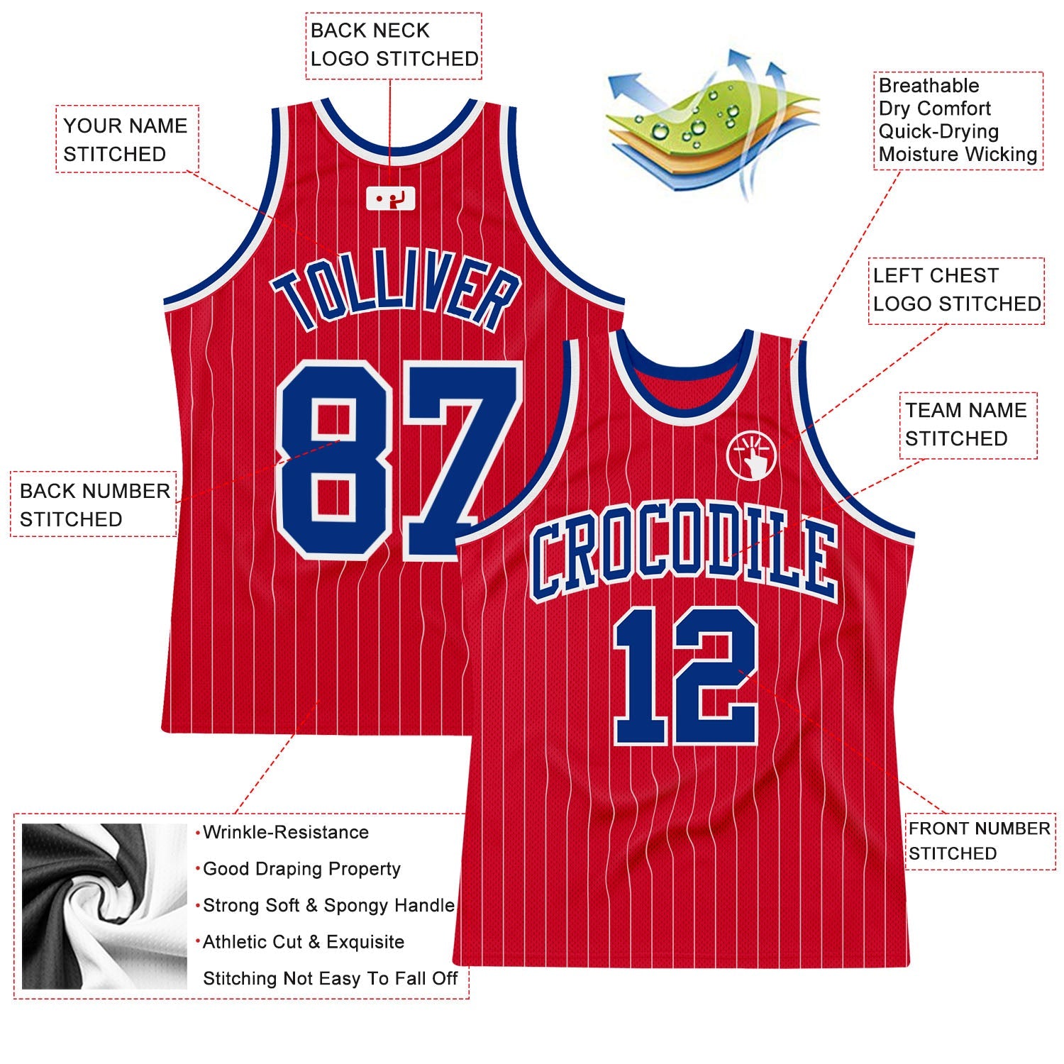 Custom Red White Pinstripe Royal-White Authentic Basketball Jersey view 2