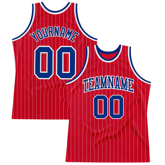 Custom Red White Pinstripe Royal-White Authentic Basketball Jersey - Main View