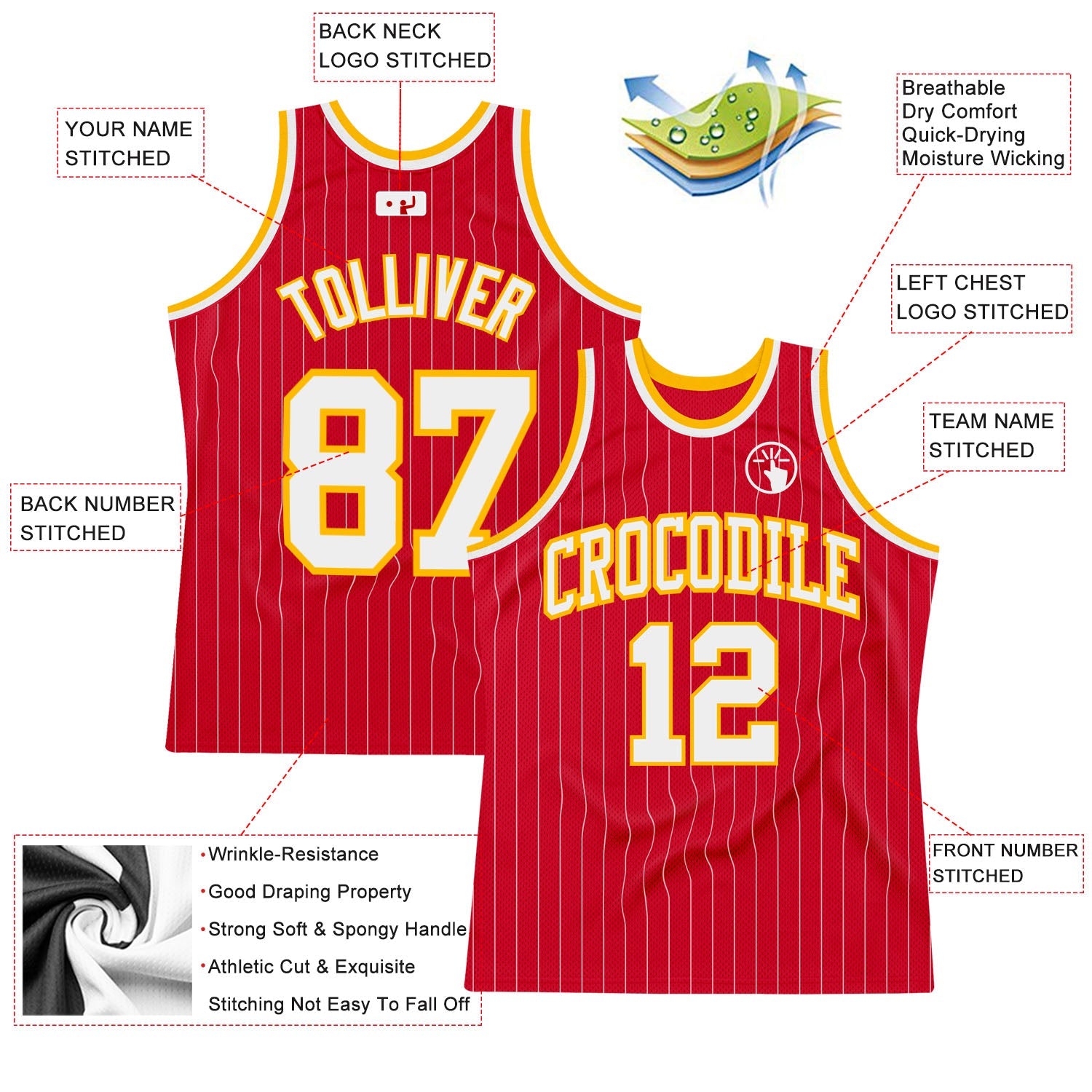 Custom Red White Pinstripe White-Gold Authentic Basketball Jersey view 2