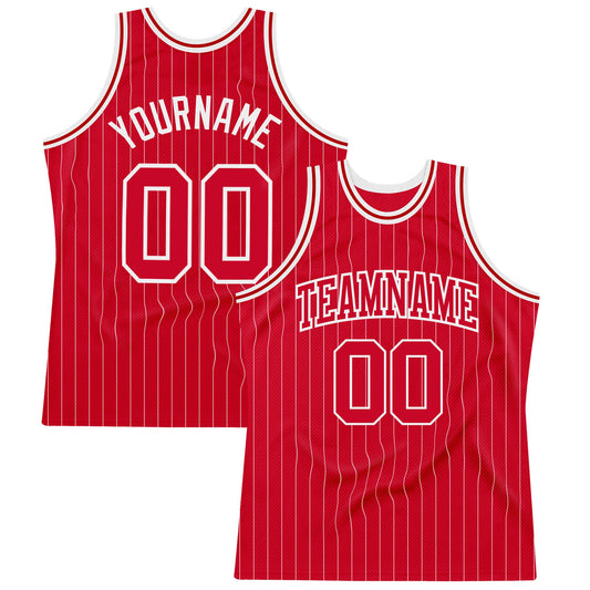 Custom Red White Pinstripe Red-White Authentic Basketball Jersey - Main View