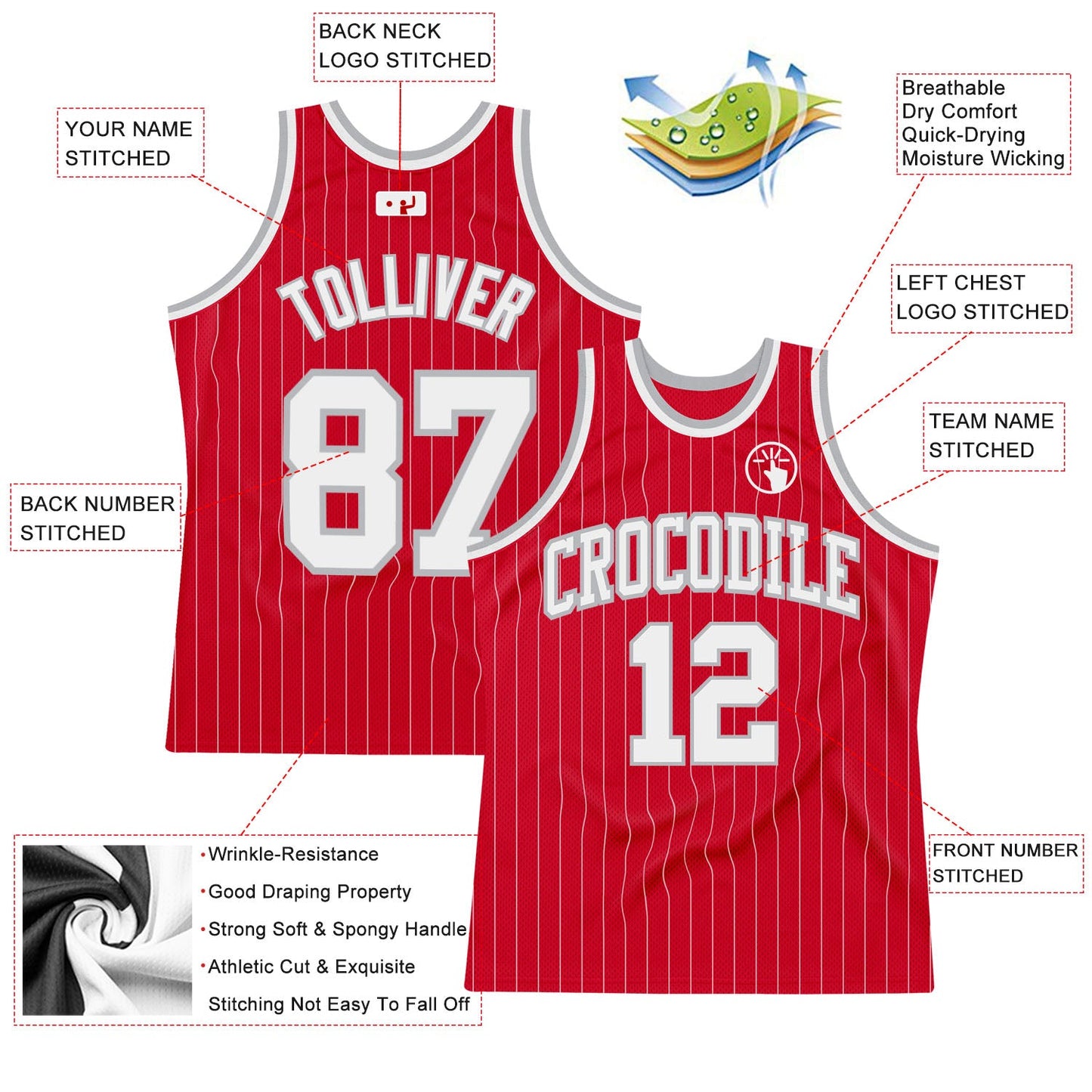 Custom Red White Pinstripe White-Gray Authentic Basketball Jersey view 2