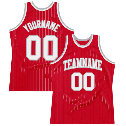Custom Red White Pinstripe White-Gray Authentic Basketball Jersey - Main View
