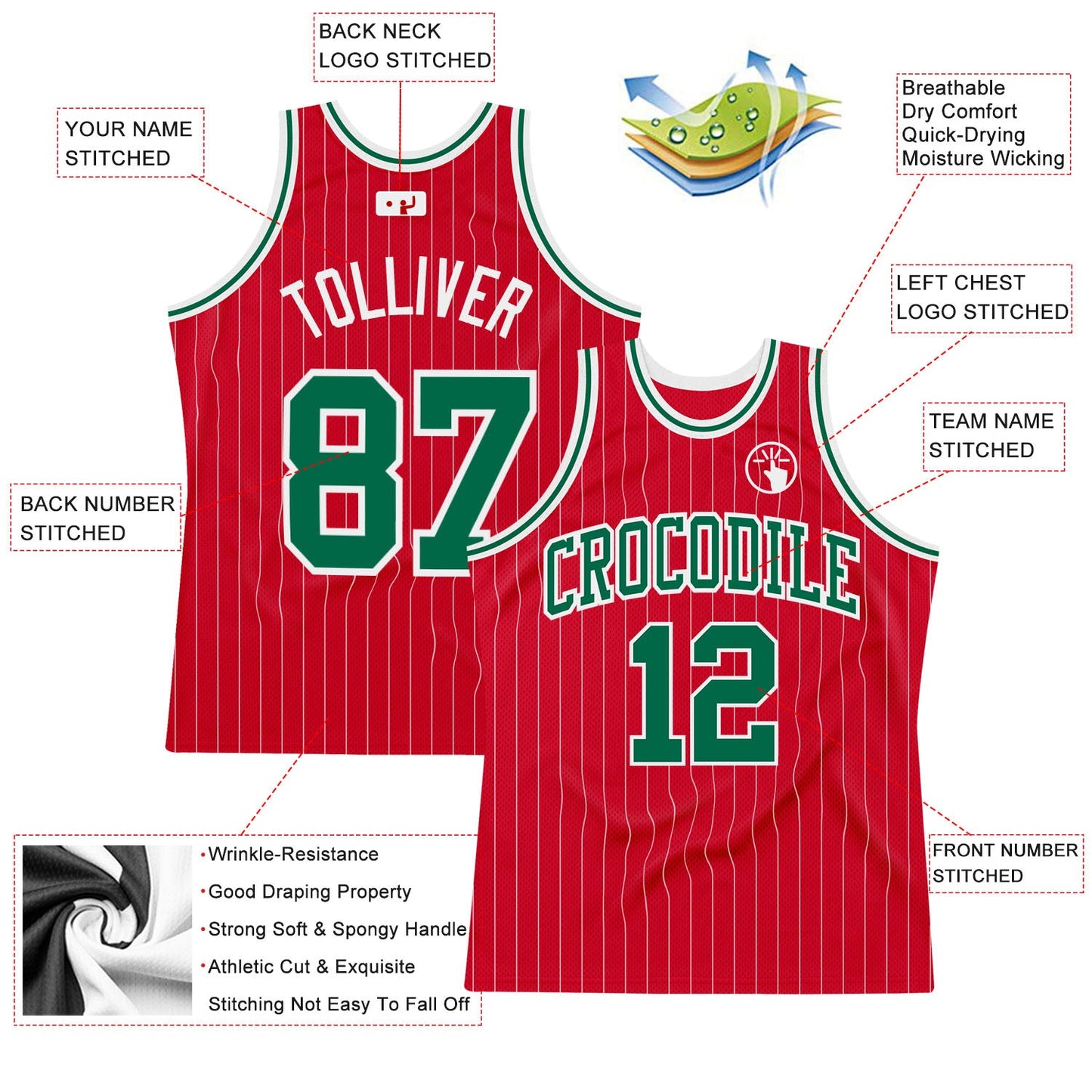 Custom Red White Pinstripe Kelly Green-White Authentic Basketball Jersey view 3