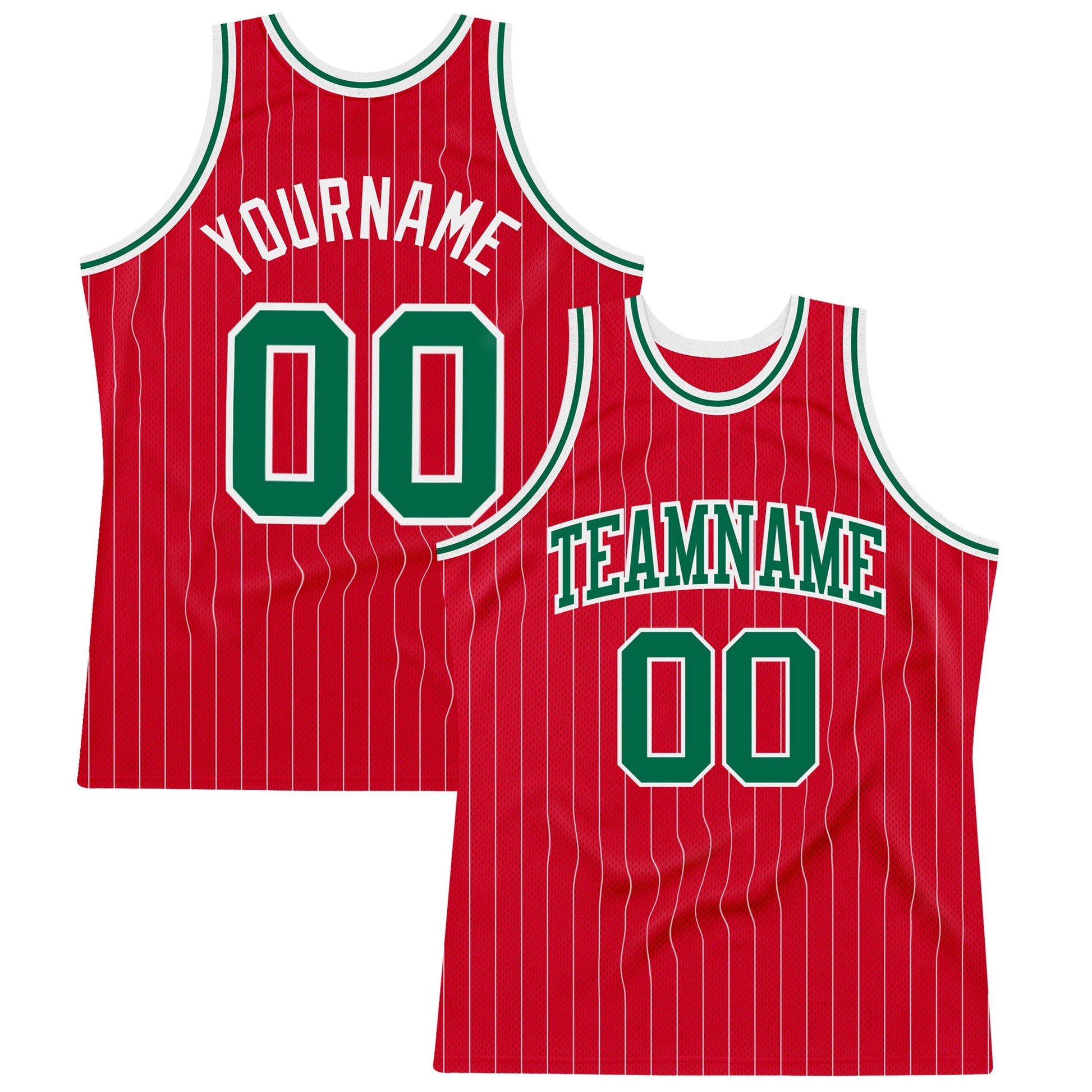 Custom Red White Pinstripe Kelly Green-White Authentic Basketball Jersey - Main View