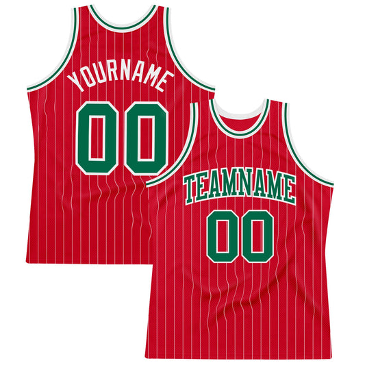 Custom Red White Pinstripe Kelly Green-White Authentic Basketball Jersey - Main View