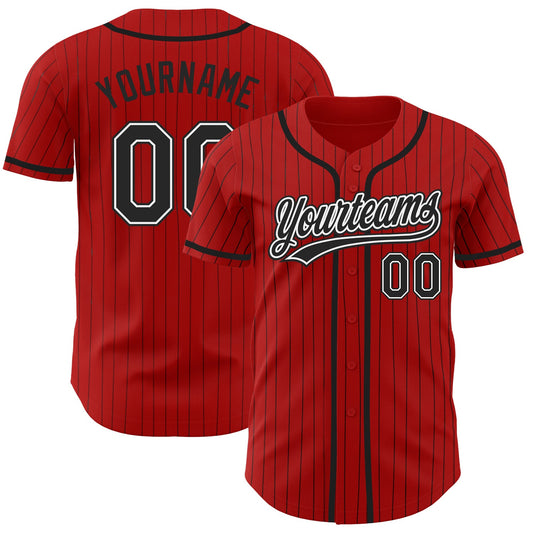 Custom Red Black Pinstripe Black-White Authentic Baseball Jersey - Main View