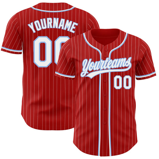 Custom Red White Pinstripe White-Light Blue Authentic Baseball Jersey - Main View