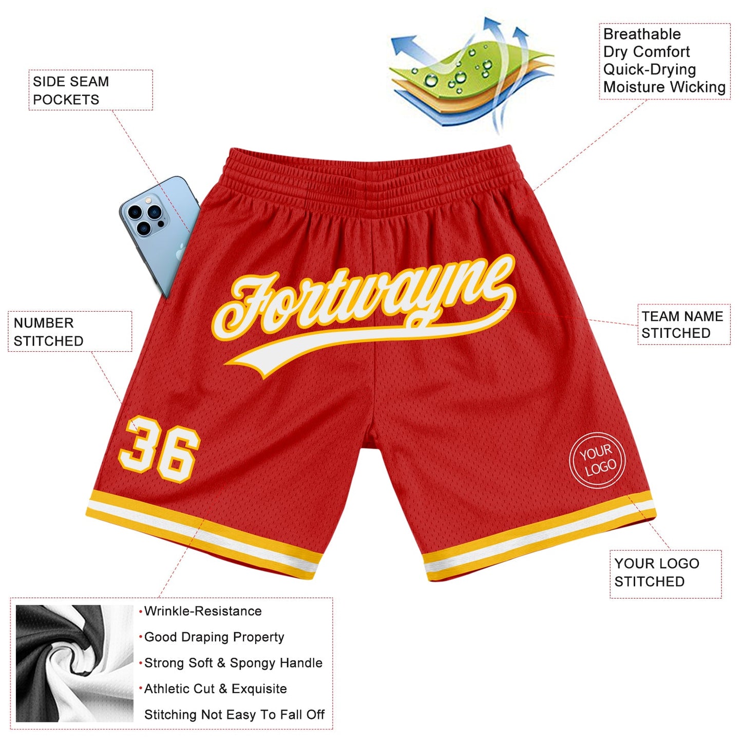 Custom Red White-Gold Authentic Throwback Basketball Shorts view 2