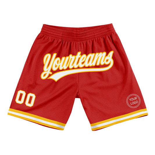 Custom Red White-Gold Authentic Throwback Basketball Shorts - Main View